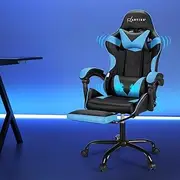 [Artiss] Massage Gaming Chair, PU Leather 2 Point Ergonomic Office Computer Desk Recliner Chairs Armchair for Room Executive Home, with Retracted Padded Footrest 360° Rotatable Height Adjustment Blue