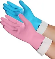 2 Pairs Cleaning Gloves, Reusable Waterproof Dishwashing Gloves Cotton Lining, Non-Slip Household Gloves for Washing Kitchen, Dishes, Bathroom, Car and More (Blue+Pink, Medium)