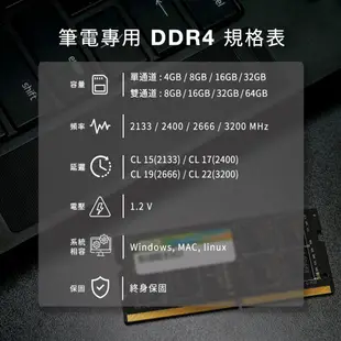 SP DDR4 2133 2400 2666 3200 4GB 8GB 筆記型 筆電 記憶體 1.2V 終生保固 廣穎