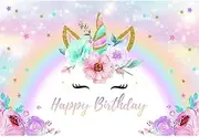 UNICORN RAINBOW PURPLE GOLD PERSONALISED BIRTHDAY PARTY BANNER BACKDROP g. Pole Pockets