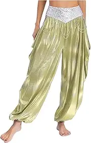 [Yihuimin] Women's Belly Dance Costume Metallic High Waist Ruffles Side Harem Bloomer Long Pants