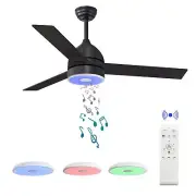 Black 52 Inch Ceiling Fan with RGB Dimming LED Light,with Music Bluetooth Spe...