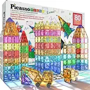 PicassoTiles 80 Piece Magnetic Building Block Construction Toy Set Diamond Magnet Tile Blocks with Car Truck STEM Learning Kit Early Education Builder Playset Toys for Children Toddler Boy Girl Age 3+