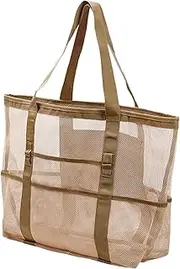 [Lmyit] Beach Bag With Zipper,Womens Shoulder Hand Bag - Sandproof Grocery Storage Net, Swim & Market Grocery Picnic Bag, Large Beach Tote, Mesh Bag Toys For Family Trip Camping Swimming