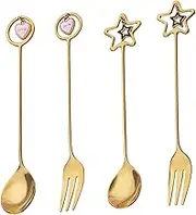 HOMOCONO 2 Sets Fruit Fork Spoon Cutlery Tableware Serving Charcuterie Kitchenware Small Serving Spoons Stainless Steel Golden Dessert Fork Stainless Steel Teaspoons Resin Golden
