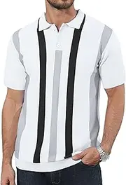 [Ryehack] Mens Casual Polo Shirts Knit Short Sleeve Vintage Striped Button T-Shirt Slim Fit Golf Vacation Shirt