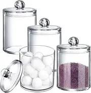 Bixcnggd 4 Pcs 10oz Plastic Cotton Swab Ball Pad Holder,Bathroom Containers,Clear Plastic Acrylic Jar,Clear Makeup Cotton Organizer for Cotton Ball,Cotton Swab,Bath Salts,Floss Picks,Makeup Sponges