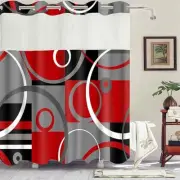 No Hook Geometric Circle Plaid Shower Curtain with Snap in Fabric Liner Red
