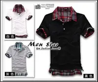 在飛比找Yahoo!奇摩拍賣優惠-【Men Star】免運費 韓版假兩件式格紋polo衫 / 