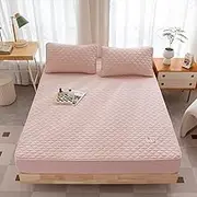 Soft Deep Pockets Sheet,Pure Cotton Non-Slip Quilted Mattress Cover, Comfortable Bed Cover Suitable for 12"/30cm Deep Mattresses,Pink 1,150 * 200cm+30cm (3pcs)