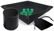 Set (6) Green Transparent Dice Rounded Corners w/Pouch + Rolling Tray + Dice Cup