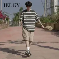 在飛比找蝦皮商城優惠-IELGY 短袖t恤男日系條紋寬鬆休閒百搭學院風情侶款