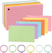 TECDW Ruled Colour Index Cards, 300PCS 3" x 5" Punched Flash Cards with 6 Binder Rings, Lined Blank Flashcards, Assorted Colored Study Notecards, Cue Cards for Studying, Office, School (005)