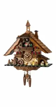 Quartz Cuckoo Clock Black Forest house with moving wood chopper.. EN 481 QMT NEW