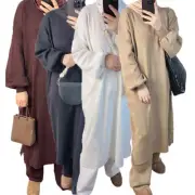 Ramadan Women Knitted Long Sweater Dress Top Wide Leg Pants Two Piece Set Arab