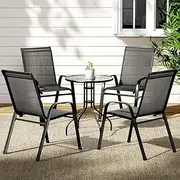 Gardeon Outdoor Table and Chairs Stackable Dining Chair, Bistro Set Garden Furniture Patio Deck Backyard Coffee Table, Steel Textilene Fabric Glass Top Black of 4