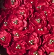 Red satin flower embellishment, 1" with faux gold pearls, set of 5