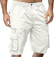 [JEShifangjiusu] Mens Classic Drawstring Shorts with Pockets Elastic Waist Cargo Straight Pants Wide Leg Short Pants, White B1, L