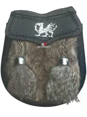 Scottish Boys Sporran Leather Brown Fur Kilt Welsh Dragon 2 Tassels Belt Chain