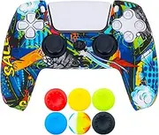 9CDeer 1 Piece of Silicone Transfer Print Protective Thick Cover Skin + 6 Thumb Grips for Playstation 5 / PS5 Controller Graffito Blue