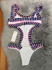 NWT WOW COUTURE Celestia Bandage Swimsuit Monokini White Multi Color Crochet Sml