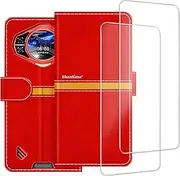 ESACMOT Phone Case Compatible with Doogee S200 Plus + [2 Pack] Screen Protector Glass Film, Leather Magnetic Protective Case Cover Red