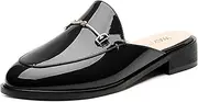 [WAYDERNS] Mules for Women Slides Loafer Shoes with Low Block Heel Round Closed Toe Comfortable Casual Patent Slip on Backless Loafers Work Business Office Shopping Buckle Mules