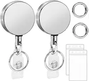 WADY 2 Pack Metal Heavy Duty Retractable Badge Holders Reel with Carabiner Key Chain Keychain and Waterproof Vertical Clear ID Card Holders, 31 inches Reinforced Wire Cord (Silver)