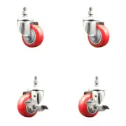 3.5 Inch 316SS Red Polyurethane Swivel 3/8 Inch Stem Caster Set 2 Brake SCC