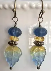 Bronze Earrings with Gold and Blue Picasso Leaf Beads. Autumn