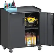 FLIXELIO Black Metal Storage Cabinet for Garage with Wheels Rolling Tool Cabinets with Adjustale Shelves Heavy Duty Rolling Tool Cart with Lock for Warehouse Garage Basement Kitchen, Assembly Required