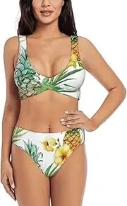[JEJEA] Tropical Pineapple Print Women Swimsuit, Women'S High-Waisted Bikini Set, Two-Piece Sport Bathing Suits, Black, S