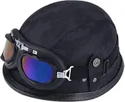 Open Face Motorcycle Helmets Vintage Pilot Style Adult Leather Helmet with Goggles Retro Motorcycling Scooter Half Helmets for Men Women F,XXL