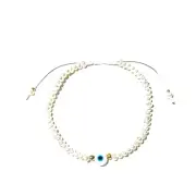 Evil eye and white pearls bracelet with 14k gold beads, Handmade