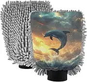 XYMZR Absorbent Microfiber Car Wash Mitt Dolphin Jump Sea, Funny Cute Anime Scratch Free for Cars Cleaning, Home Cleaning Mitts, 2 Pack, 10.24” L x 7.09” W
