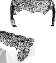 2pack Halloween Fireplace Decoration Black Spiderweb Fireplace Mantle Scarf Cover and Black Table Runner Lace Cover for Halloween Party Decor