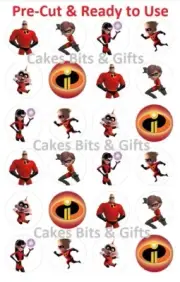 24x THE INCREDIBLES 2 FAMILY Edible Wafer Cupcake Toppers PRECUT Ready 2 Use