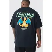 Mens Black Plus Pokemon Charizard License Back Print T-shirt
