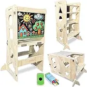 MIMIKAYE 3-in-1 Foldable Learning Tower for Toddlers, Wooden Montessori Kitchen Step Stool with Chalkboard, Convertible Table & Chair, Kitchen Helper Ladder for Kids Ages 1-6 Child Gift