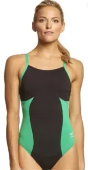 SPEEDO Spark Splice Flyback Endurance+ One Piece Swimsuit 24 Black Green New