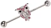 [Pierced Republic] 14G Industrial Stainless Steel Barbell - Owl w Pink Gems - 14 Gauge Cartilage Helix Industrial Ear Piercing Jewelry