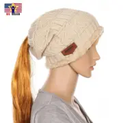 Women Golf Fur Trim Ponytail Beanie Ski Hat Cap Knit Rim Messy Bun Beanie tail