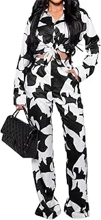 [DvaeMalligo] 2 Piece Sets for Women Long Sleeve Button Down Shirt Wide Leg Long Pants Sets Casual Two Piece Outfits