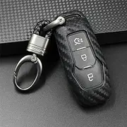 M.JVisun Soft Silicone Rubber Carbon Fiber Texture Case Key Fob Cover for Ford Edge Explorer F-150 F-250 Mondeo Mustang 3 Buttons Car Key Shell - Black - Weave Keychain