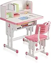 Kids' Table Chair Sets, Desks Chair, Height Adjustable Ergonomic Children Study Desk Computer Workstation with Large Storage Drawer Built-in Bookshelf, Kids Bedroom Furniture ,Pink