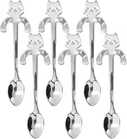 HAIKING Cat Coffee Spoon, 6 Pcs Stainless Steel Cute Mini Hanging Cup Spoon for Kitchen, Cafe, Restaurant, Dessert Shop or Bar (Silver)