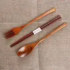 Kitchen Handmade Cutlery Set Wooden Natural Spoon Fork Chopsticks Cloth Bag