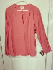 St. John's Bay Coral Peach Buttoned Pleated Swiss Dot Striped Top Blouse XXL