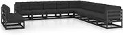 11 Piece Black Pinewood Garden Lounge Set with Comfortable Cushions for Patio Furniture - Includes 3 Corner Sofas & 8 Middle Sofas