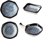 GRIRIW 4pcs Ceramic Sauce Dipping Dish Sea Wave Pattern Small Flavor Plates for Sauces Spices and Snacks Lightweight and Portable Dishware for Condiments and Appetizers